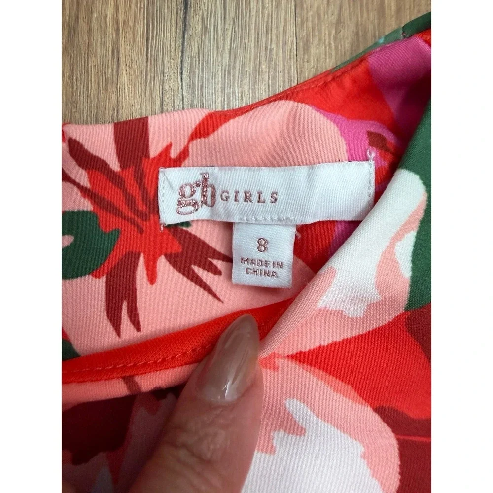 GB Girls Size 8 Floral Romper Red Ruffle Sleeve Belted Pockets Tropical